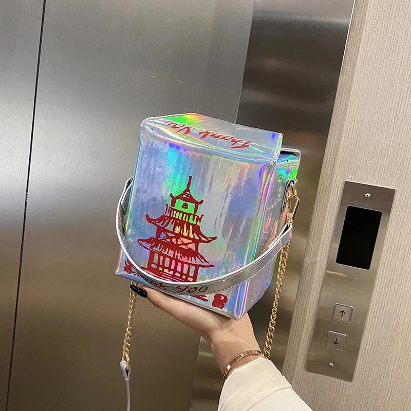 

Funny Chinese Tower Print Box Women Shoulder Bags Designer Handbags Chains chinese takeout box handbag Cute Laser Small Purses, 7colors