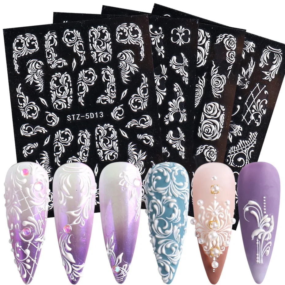 

1 Sheet Fashion White Lace 5D Sticker Embossed Valentine's Flower Decal Nail Art Designs Floral Japanese Style Nail Art