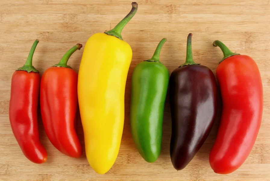 Assortment of Chinese 5 Color Peppers at different ripening stages arranged on wooden cutting board