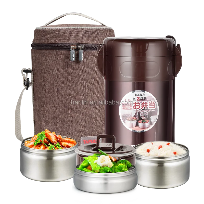 

3 Layer 1.5L Stainless Steel Thermos Insulated Bento Leak Proof Tiffin Lunch Box Set With Bag Food container, Dark brown, blue or customized