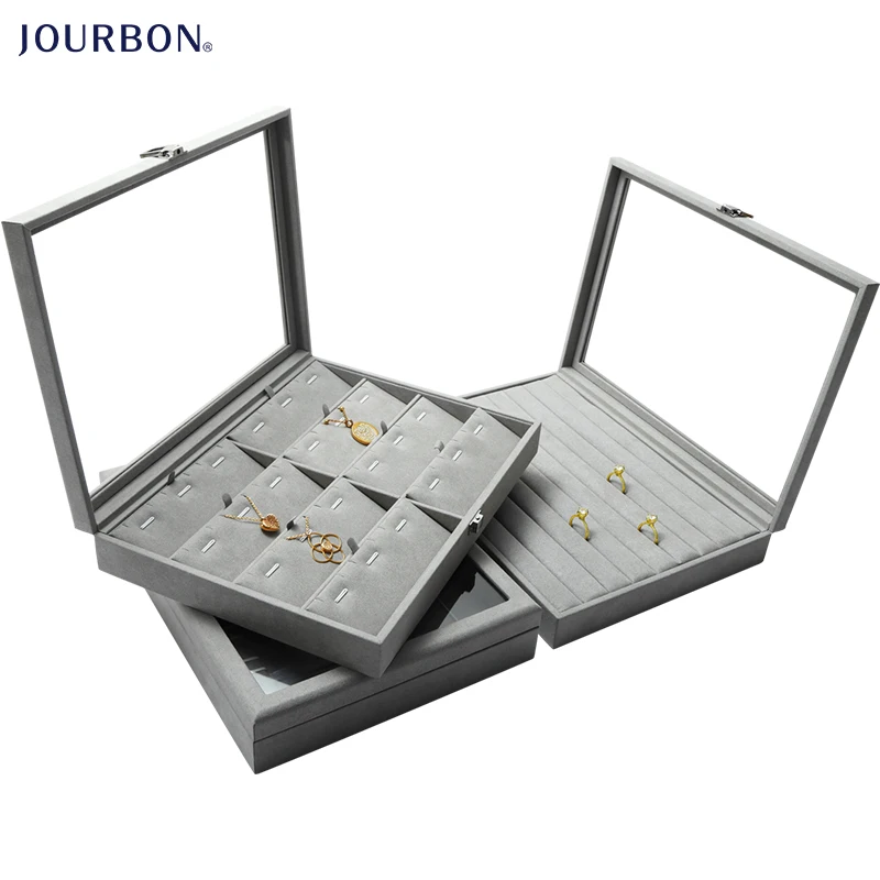 

Jourbon Glass flannelette Acrylic Tray Showcase Display Ring Luxury Storage Boxes Organizer Velvet Jewelry Box, Brown