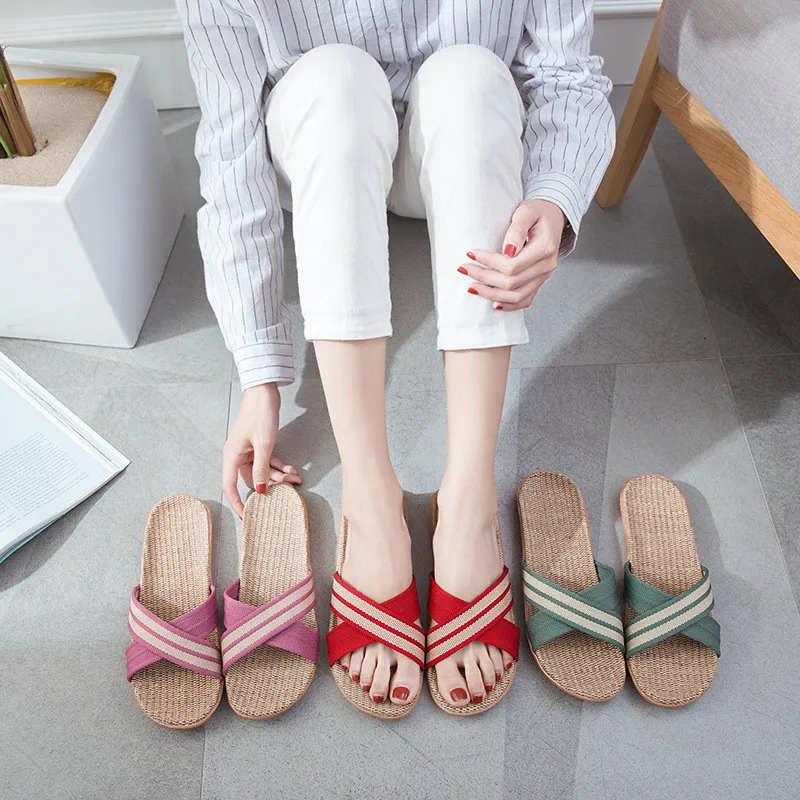 

Hot Selling Men Linen Slipper Female Summer Home Indoor Couple Slip Non-slip Thick Sandals Straw Slippers, As the picture display
