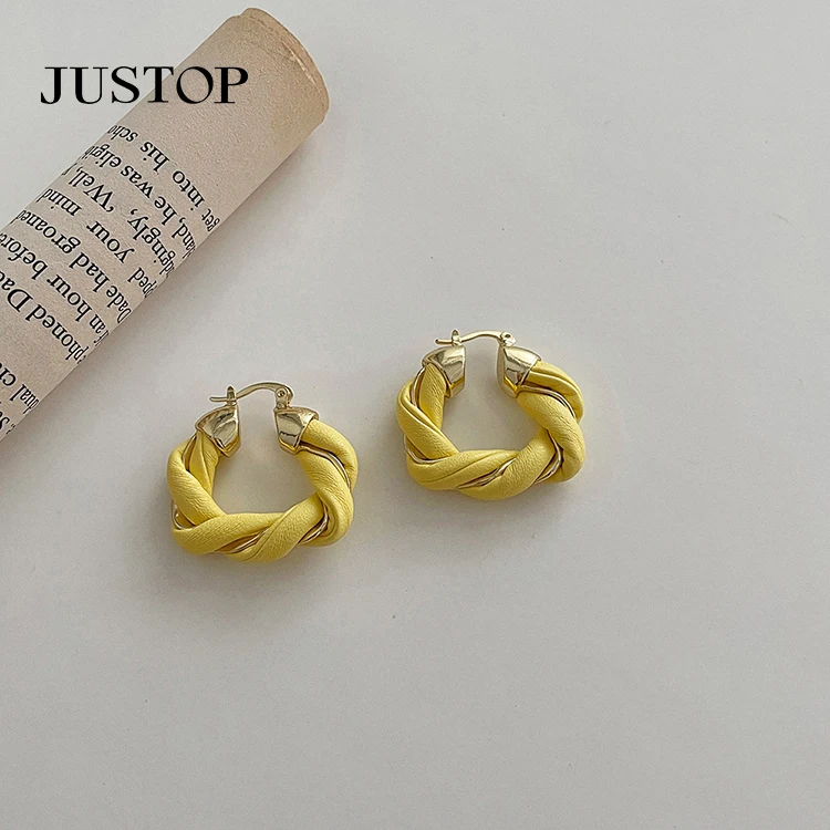 

Winter Jewelry S925 Post Leather Hoop Earrings Hollow Hoop Leather Clip On Earrings For Women Party