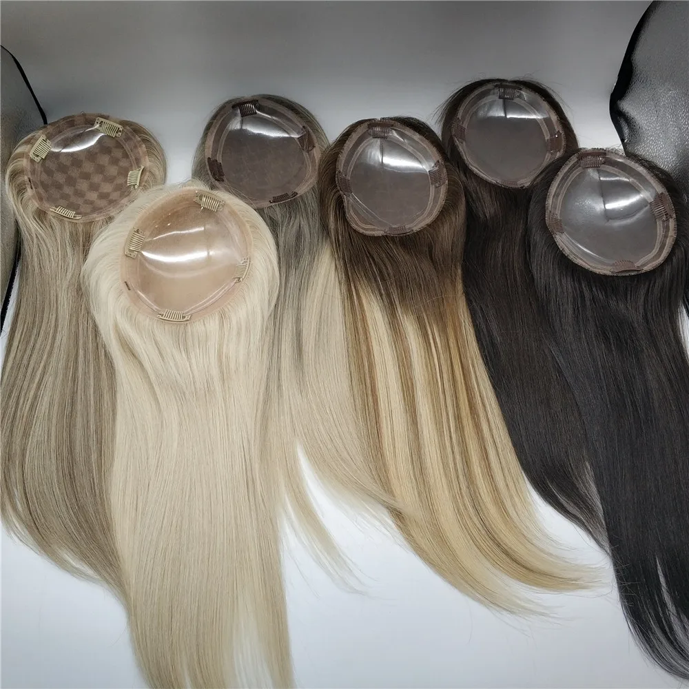 

Stock Mono Monofilament Base Virgin Human Hair Toppers for Thinning Hair Women Clips in Human Hair Patch