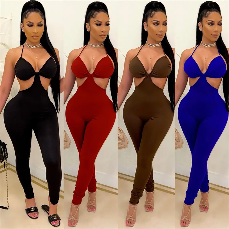 

2021 sexy women clothing solid color backless night club wear sexy slim bodysuit women romper jumpsuit for women