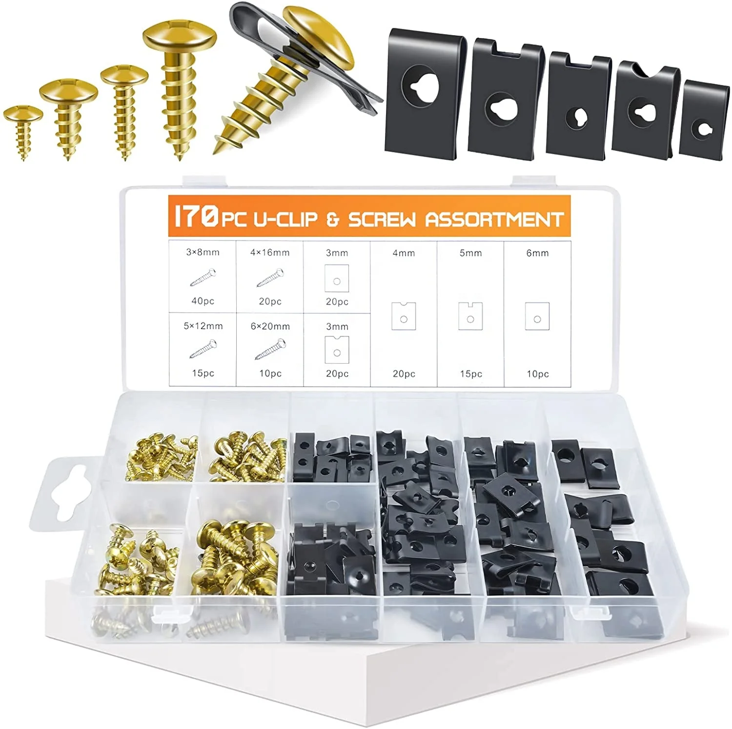 

170PCS Car U Nut Clip with Screw Assortment Kit - Automotive U Nut Screw Clip Metal Clip Fasten