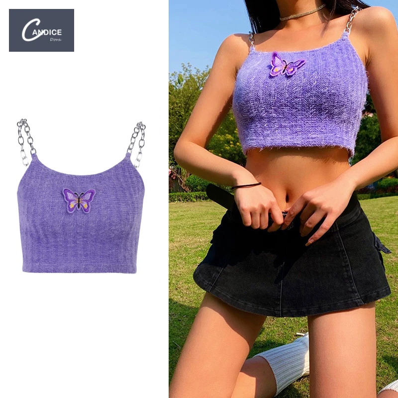 

Candice ins fashionable embroidery butterfly summer knit crop top cute tops for women cropped 2021