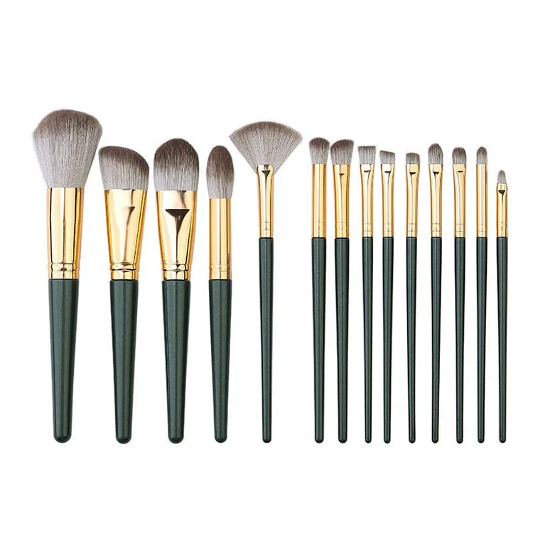 

LOW MOQ Custom LOGO 14pcs Professional Make up Brushes Set Green Eyebrow Brush Face Powder Blush Makeup Brush With Storage