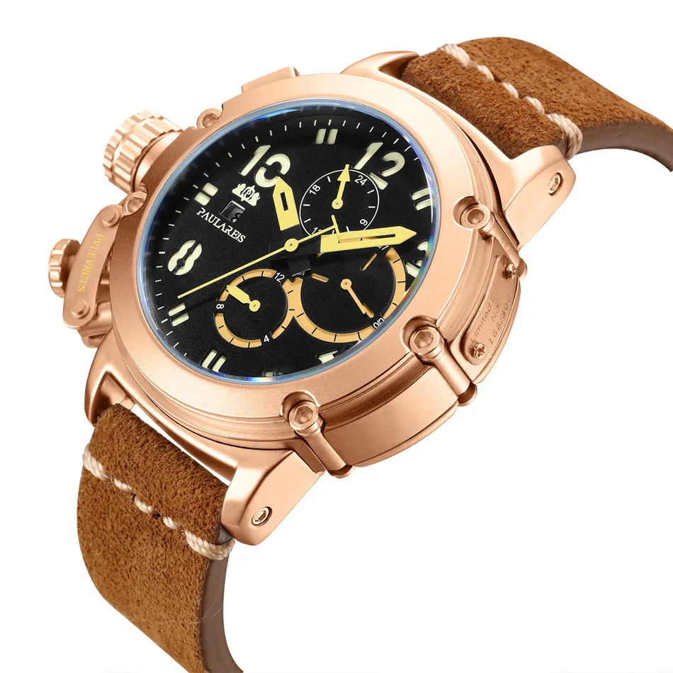 

Paulareis Self Wind Mechanical Genuine Leather Multifunction Date Month Luminous Limited Rose Gold Bronze Men Automatic Watch