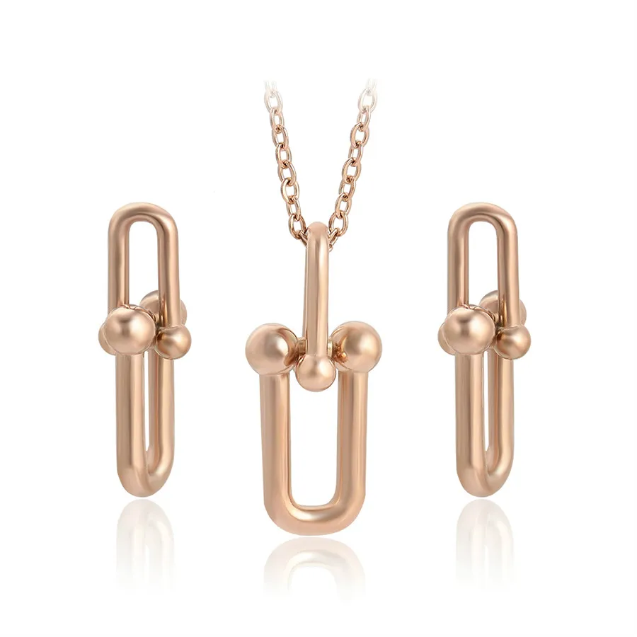 

YXS-568 Xuping Jewelry Simple and Elegant Personality Design Double Buckle Rose Gold Stainless Steel Necklace Earring Set