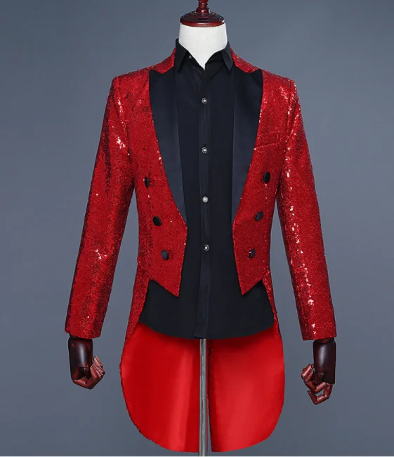 

2021 Men Gold Red Blue Black Sequin Slim Fit Tailcoat Stage Singer Prom Dresses Costume Wedding Groom Suit Jacket