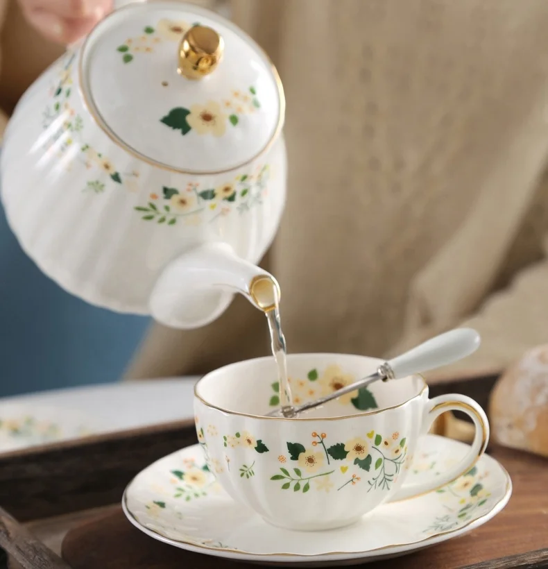 

Wholesale English 180ml black tea cup and saucer set European rural style ceramic tea coffee sets with teapot milk jug