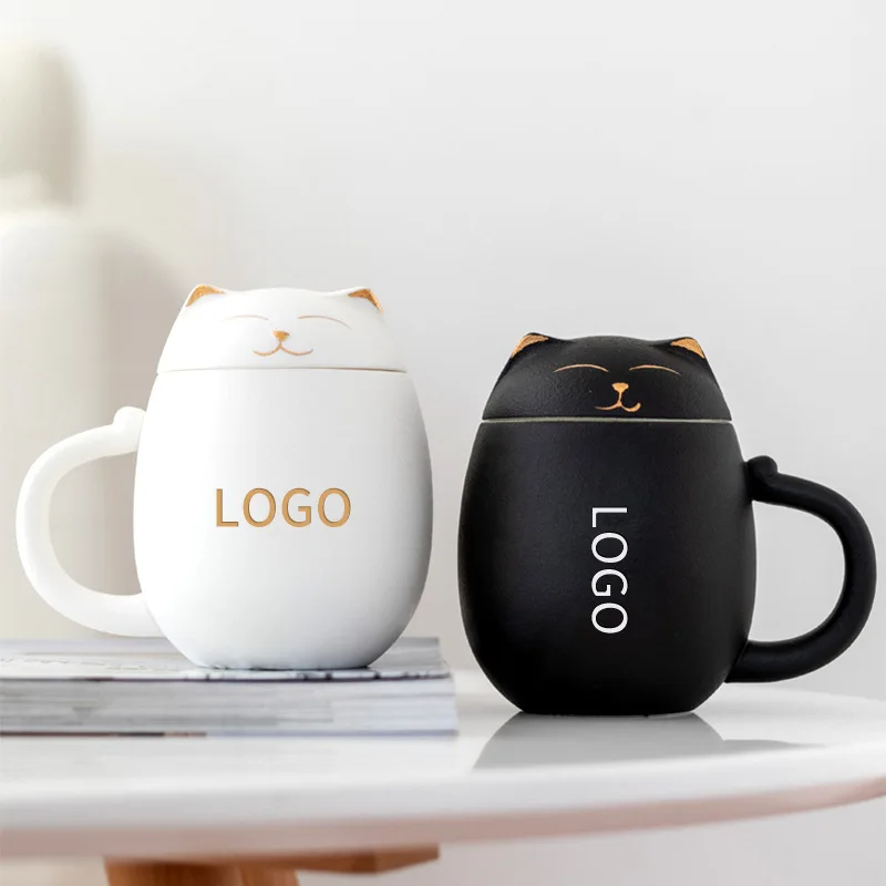 

Wholesale Customizable Logo Cat Cartoon Filterable Tea Creative Ceramic Tea Mug Ceramic Cup With Cat Lid, As shown