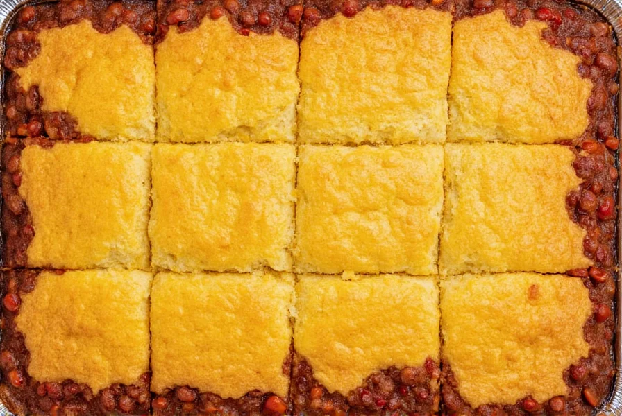 Chili squares baking in a 9x13 inch pan with golden cornbread topping and bubbling chili edges