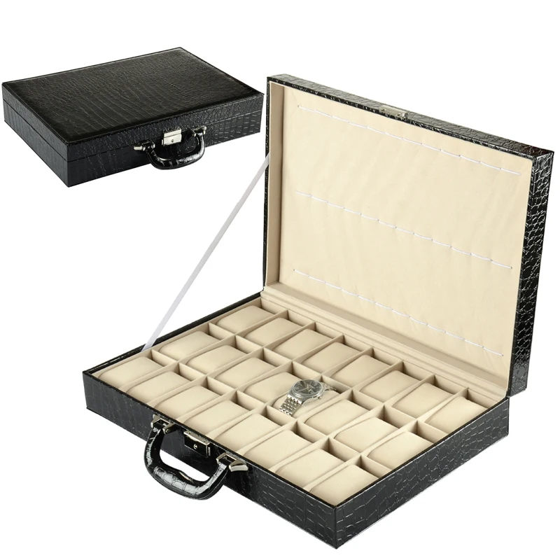 

Portable 36 Slots Watch Travel Box Organizer Black Stone Pattern Watch Case Leather Suitcase Display Case