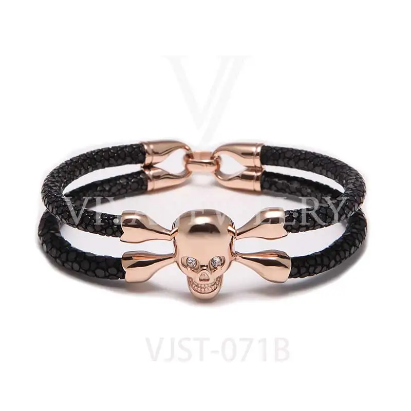 

Classical Double Strands Crossbones Skull Stingray Leather Men Bracelet Genuine Leather Jewelry