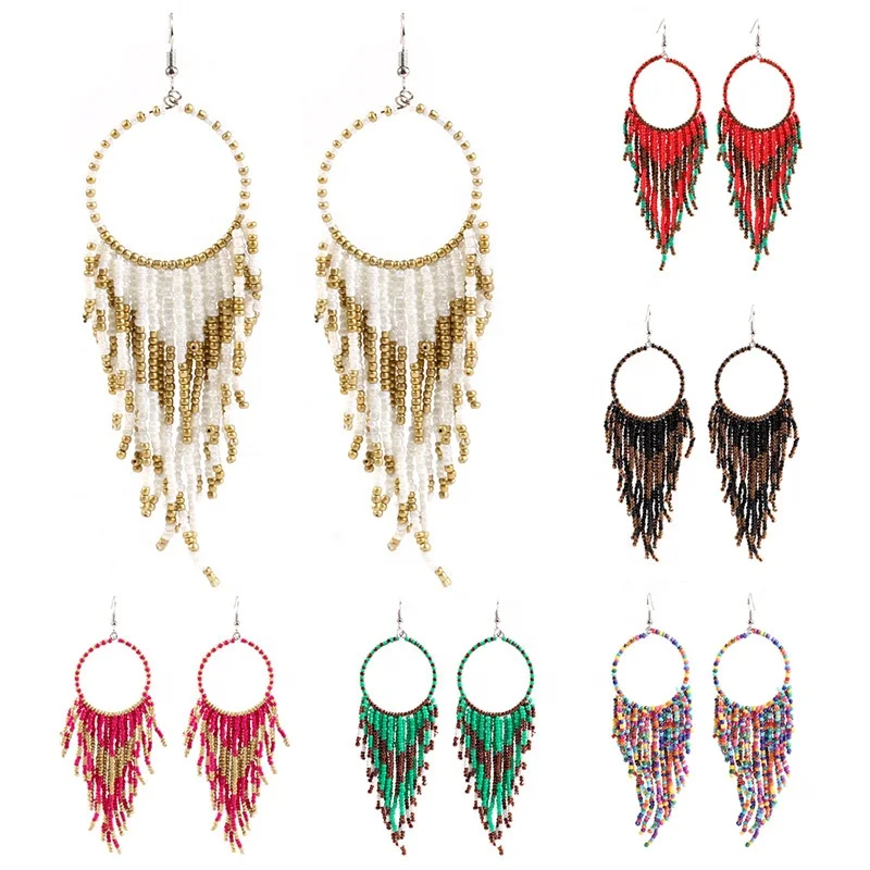 

Ziming Bohemian Vintage Long Mixed Colors Seed Bead Tassel Earring Big Size Beaded Handmade Earring