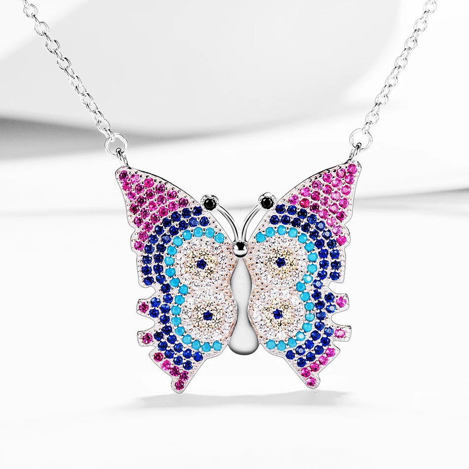 

New Arrival 100% 925 Sterling Silver CZ Necklace Blue Eye With Butterfly Shape Pendants Necklaces For Women Jewelry Gift