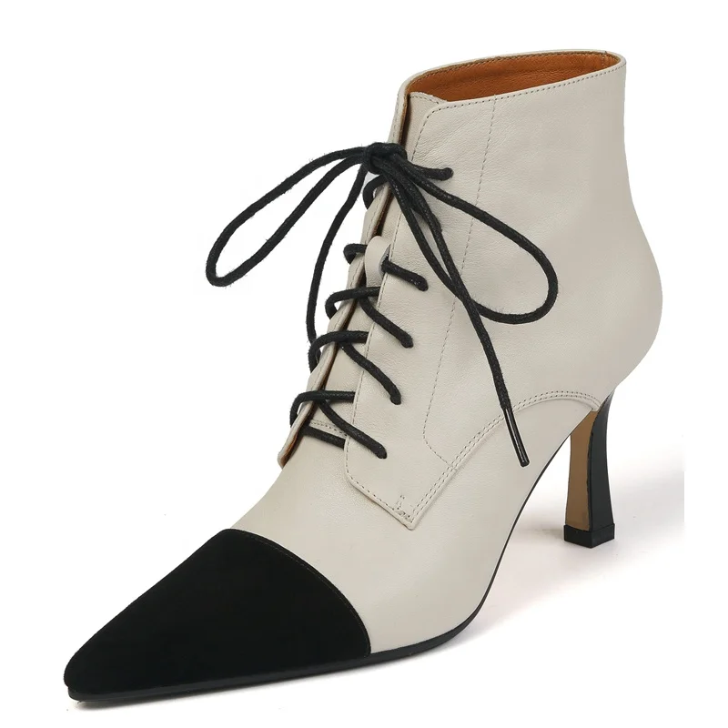 

2020 Natural animal fur women heel sheepskin boots ladies genuine leather thin Heels white ankle boots custom