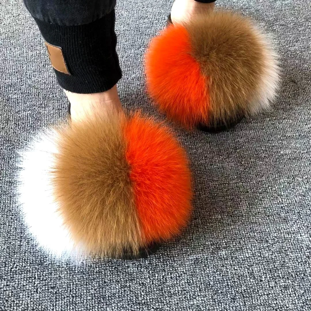 

Soft fur slippers summer indoor real raccoon fur women home slipper plush sandals, Customized