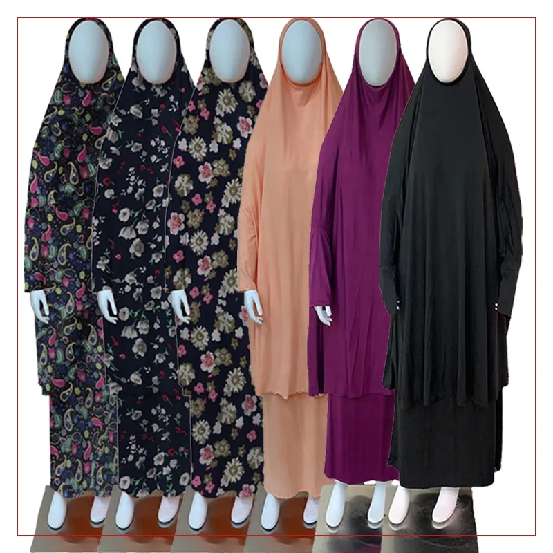 

2022 New printed spun rayon long dress with long sleeve prayer abaya prayer islamic gown kaftan muslim two piece for hijab, Picture