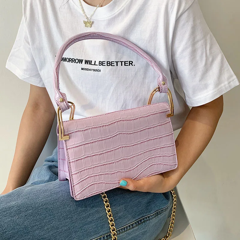 

TS9290 Summer New Print Shoulder Bag Big Metal Strap Stone Pattern Messenger Trendy Simple Small Crossbody Armpit Purse Sac