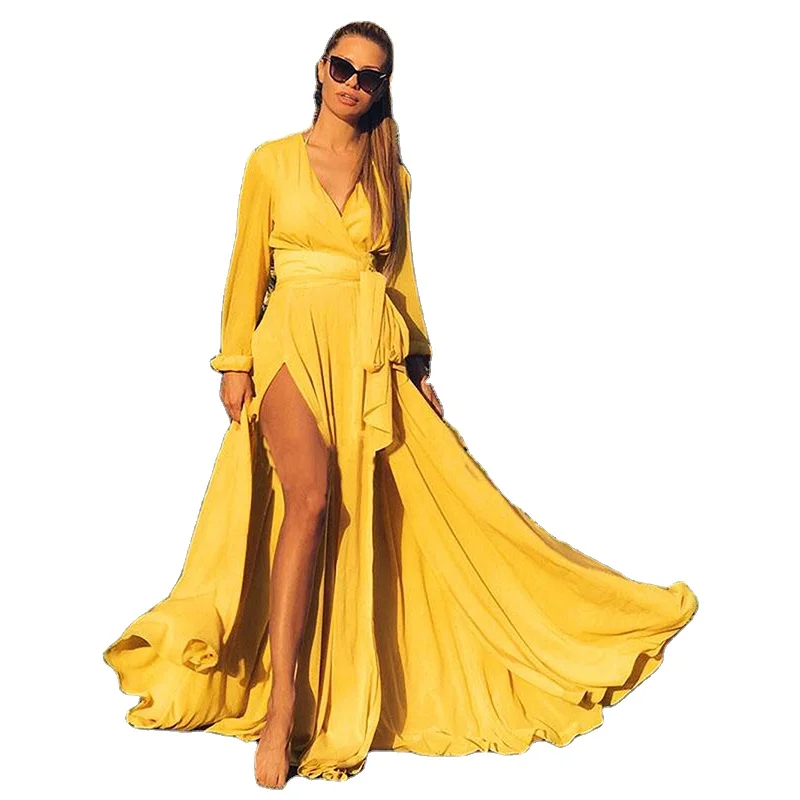 

Fashion Custom Sexy Lady V Neck Ruffle Women Elegant Autumn Casual Chiffon Split Maxi Dresses, Yellow, red, green