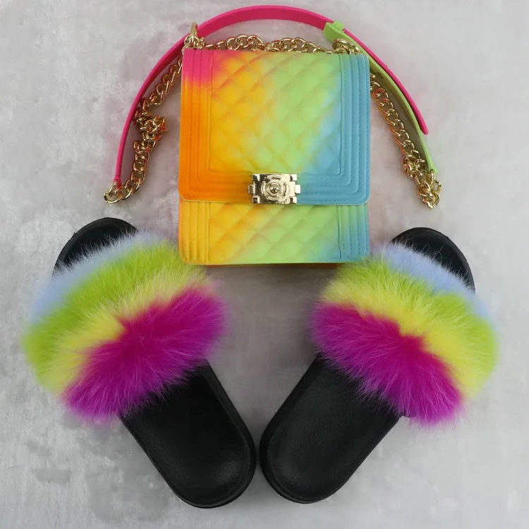 

2021 New Wholesale Rainbow Color Two Piece Set Jelly Purses Handbags With Matching Real Fur Slides For Women, 20 colors