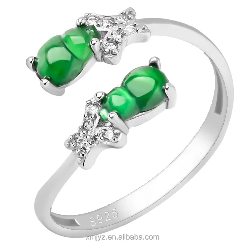 

Certified Grade A S925 Silver Inlaid Natural Jade Gourd Yang Green Ice Jade Stone Ring Fashion Ring Women's Adjustable