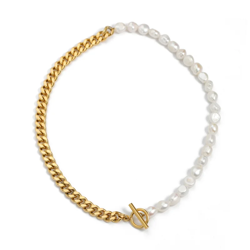 

Trendy toggle clasp choker stainless steel 18K gold plated cuban link chain freshwater pearl necklace for women
