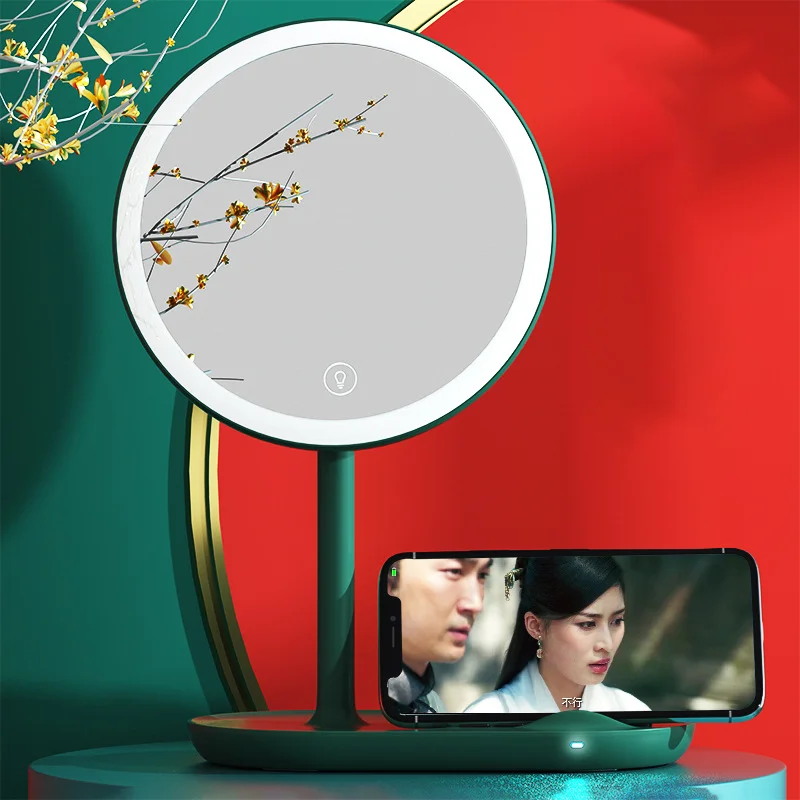 

Desktop Wireless Charging Led Makeup Mirror With Light Smart Three-color Stepless Dimming Makeup Mirror, White / green / customized