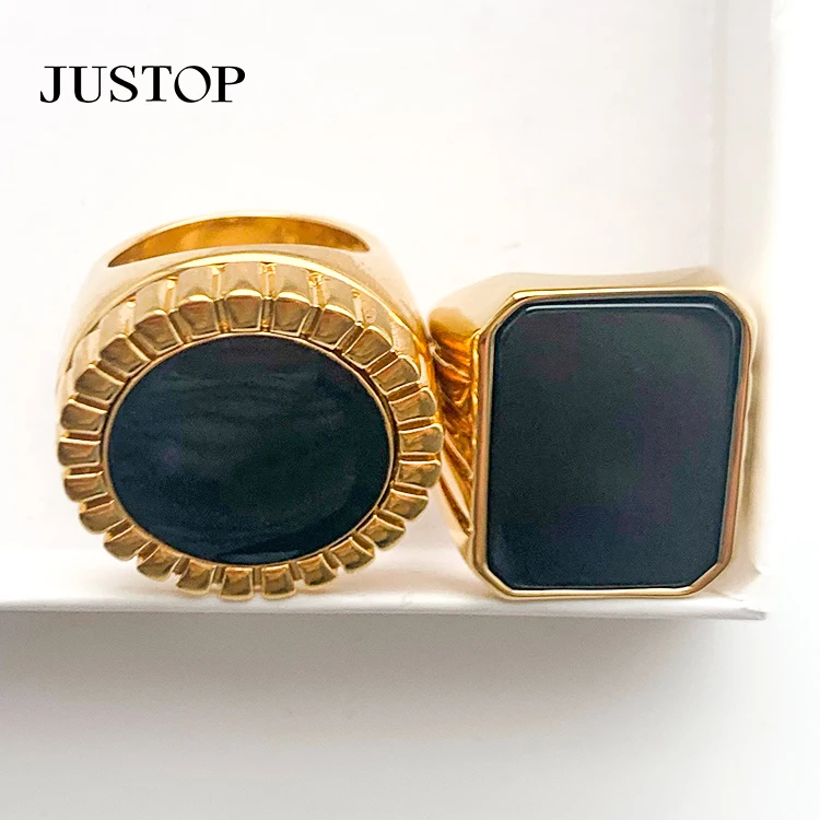 

Good quality Ins Fashion Personality Exaggerated Design Metal Gold-plated Black Mother-of-pearl Inlaid Square Round Ring