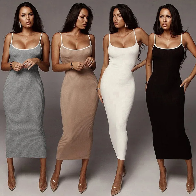

2022 Ladies Body con Cotton Rib Knit Plain Sleeveless Sexy Strap Maxi Tight Sundresses For Women, White,pink,gray,black