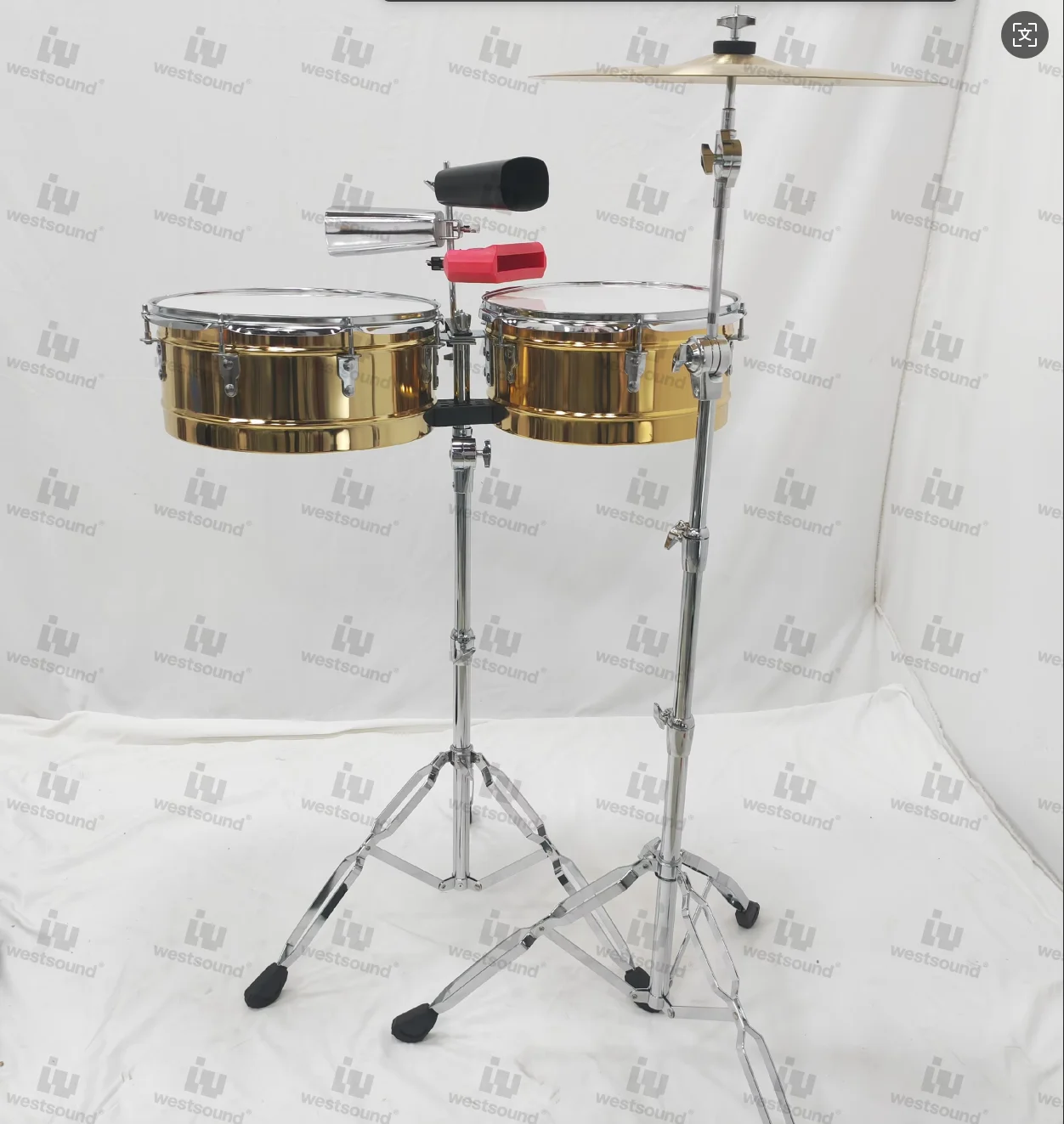 Timbal Set 13+14inch with 4inch Black Cowbell 6inch Silver Cowbell Red Block 22mm Cymbal Stand with 16inch Cymbal.