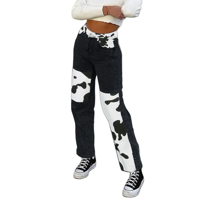 

2021Patched Punk Cargo Pants Straight Jeans Women's High Waist Vintage Streetwear Denim Pants Cow Print Casual Korean Capris, Picture color