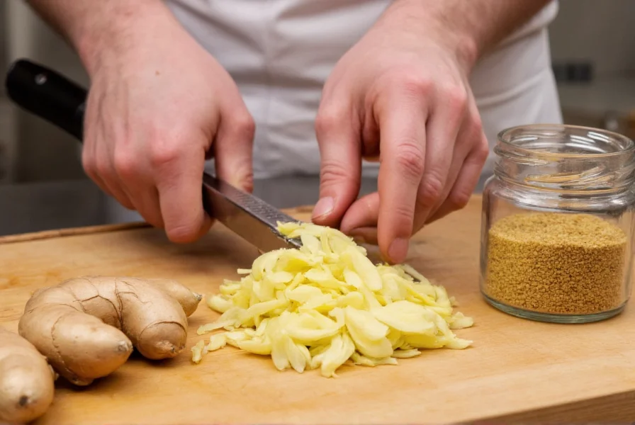 Chef's hands grating fresh ginger root next to jar of dried ground ginger showing proper preparation techniques