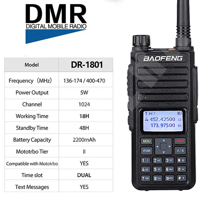 

2022 Baofeng DR-1801UV Digital VHF UHF 136-174 & 400-470MHz 5W Dual Band Tier 1&2 DMR DM-1801 Walkie Talkie Radio