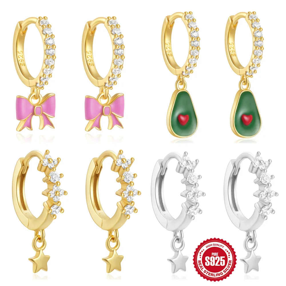 Fashion Jewelry 925 Sterling Silver Star Oil Drop Bow Knot Avocado Zircon Gold Plated Hoop Earrings Jewelry for Women