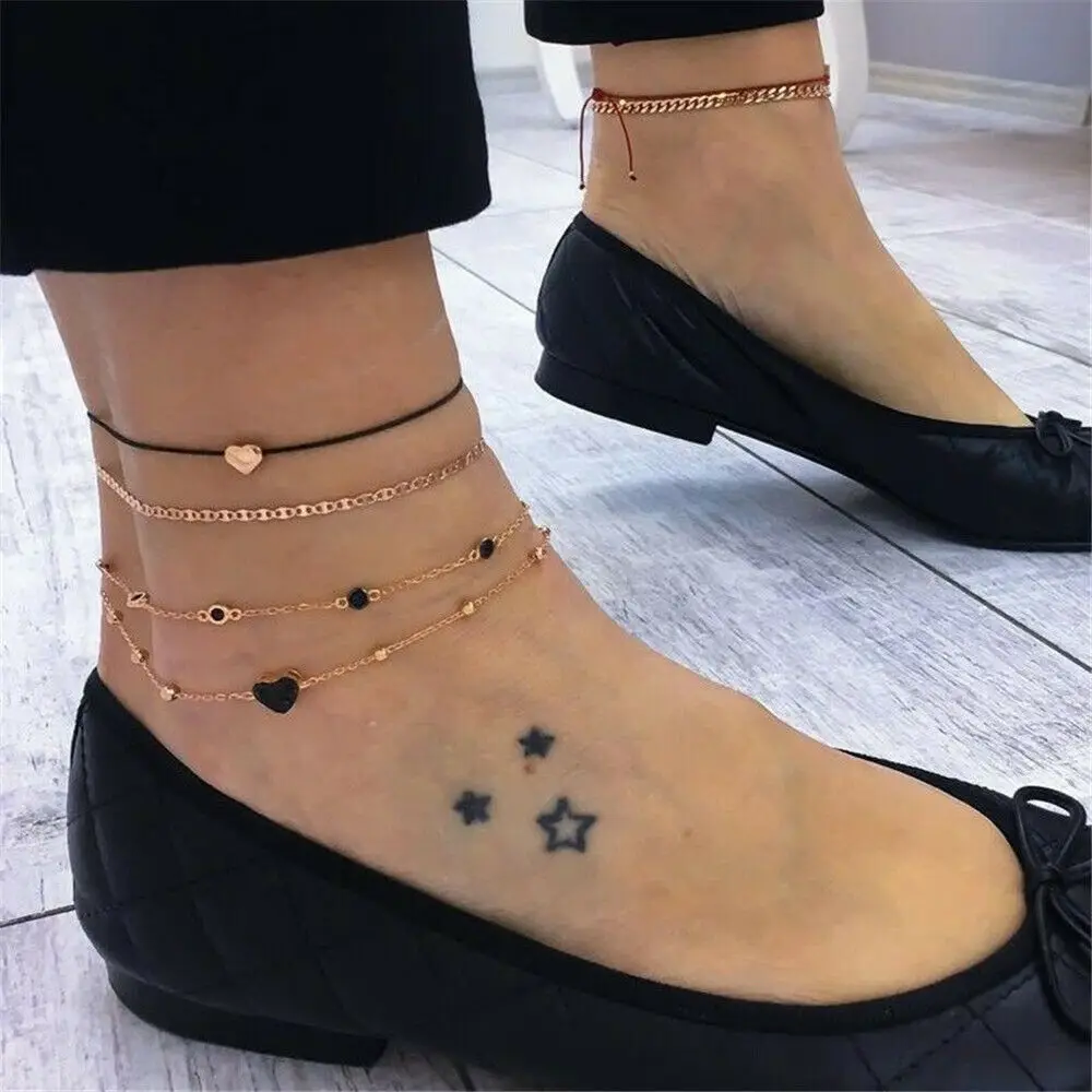 

4pcs/set hand-made fashion multi-layer love anklet personality simple anklet bracelet barefoot bandals bccessories set jewelry, As shown