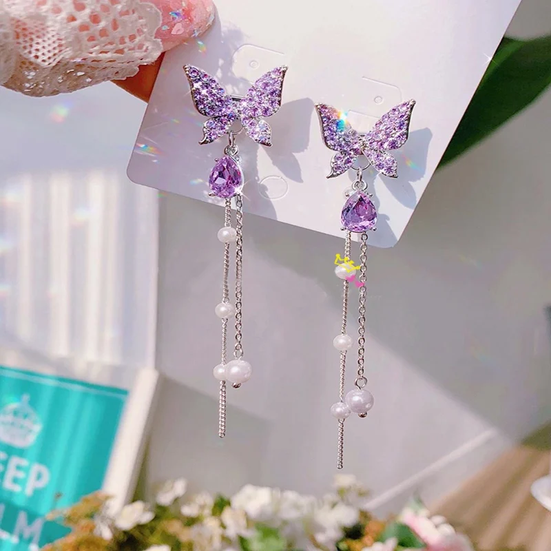 

2020 Fashion Korean Shiny Butterfly Rhinestone Drop Earrings For Women Elegant Pearl Tassel Pendientes Party Jewelry
