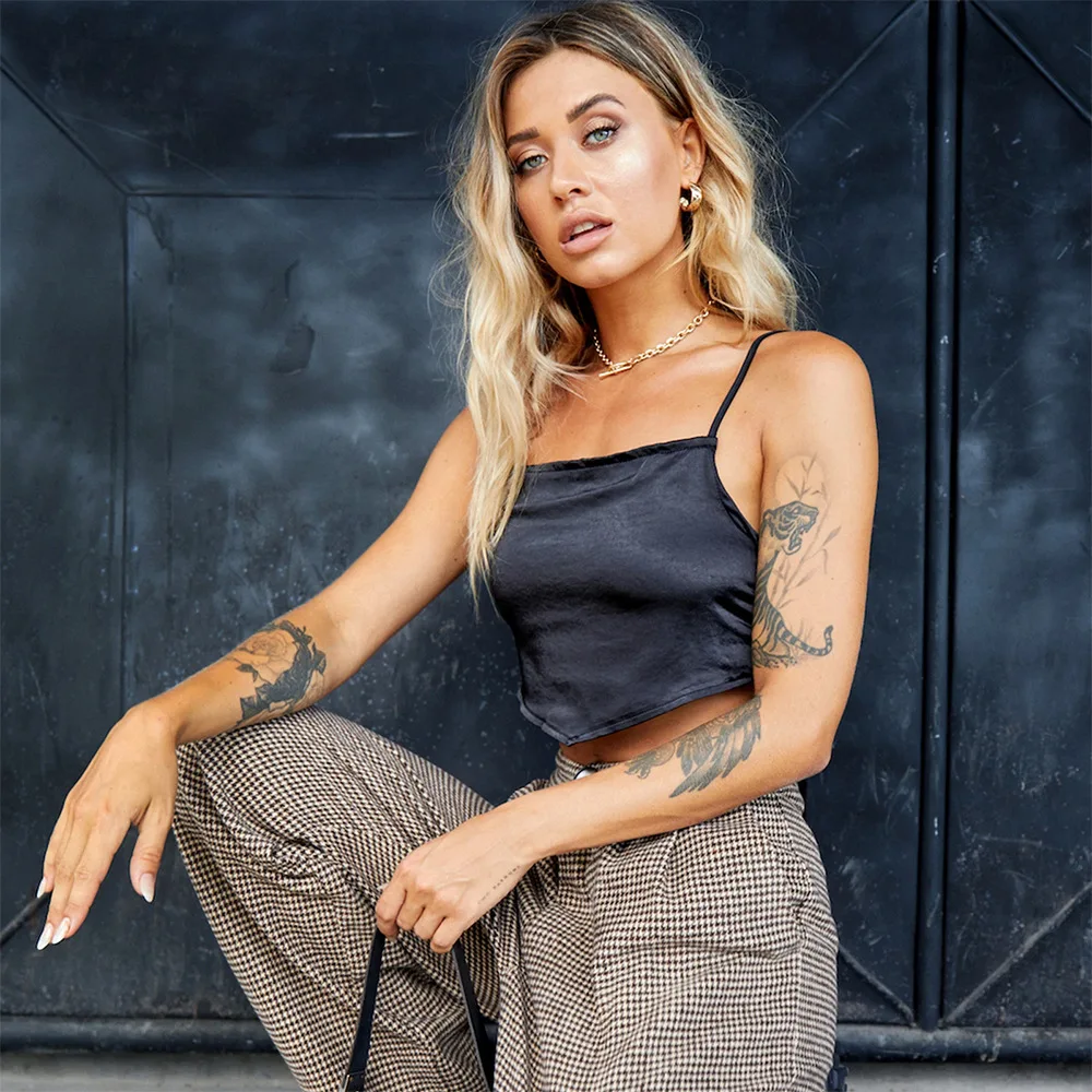 

KQ-049 New fashion sexy lady sleeveless satin sling tops women backless tied crop tops, As picture