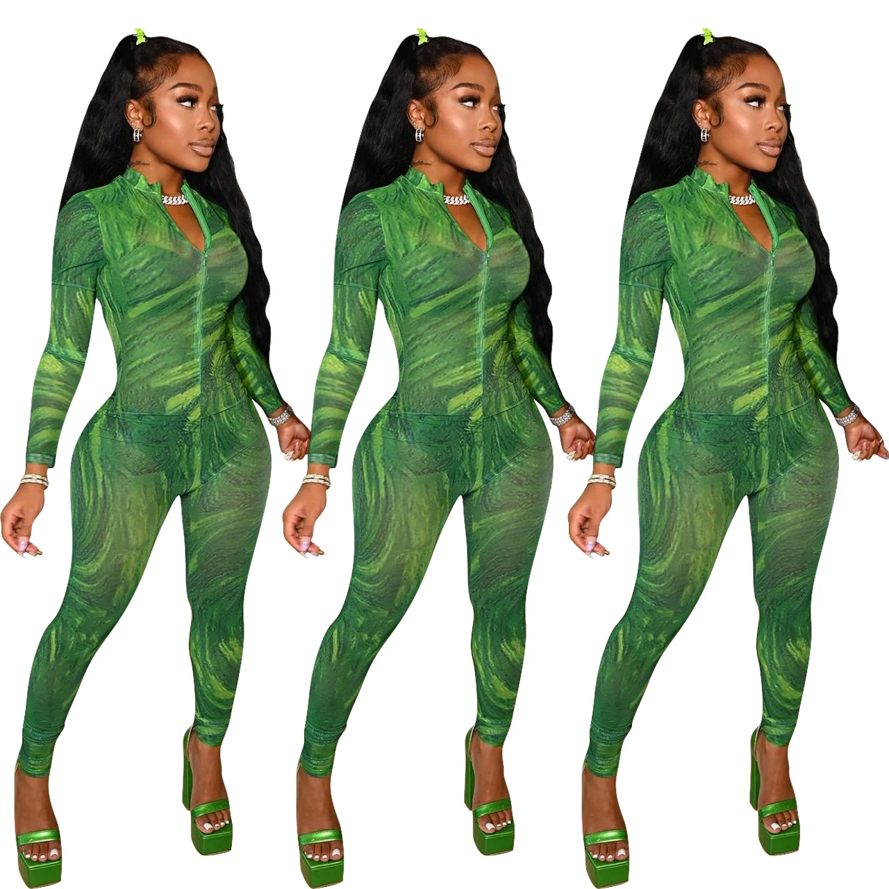 

2021 fall new arrival sexy mesh long sleeve fashion flora print women casual autumn winter clothes 1 one piece rompers jumpsuit