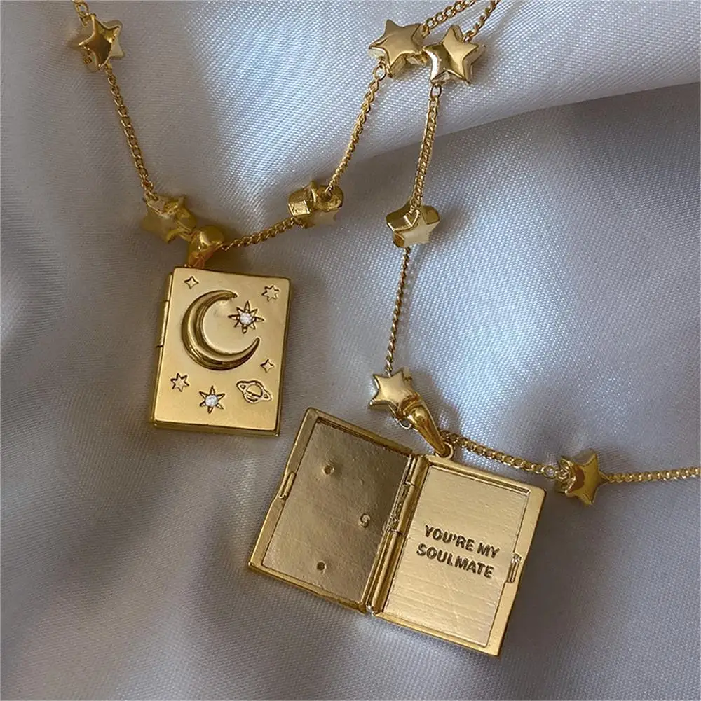 

Wholesale Fashion Openable Necklace You're My Soulmate Album Book Pendant Necklace 14K Gold Brass Star Moon Necklace For Gifts