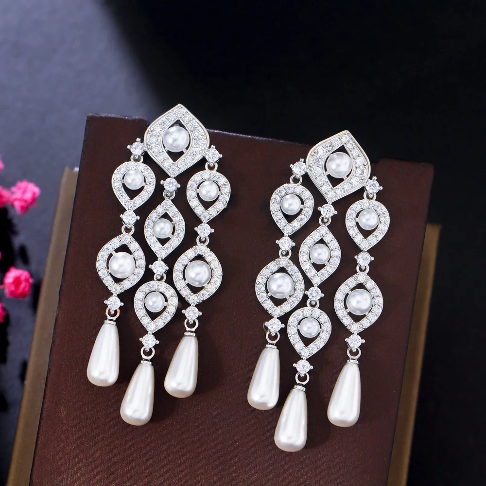 Luxury Sparkling White Cubic Zircon Big Long Tassel Chandelier Drop Dangle Bridal Wedding Pearl Earrings Jewelry Accessories