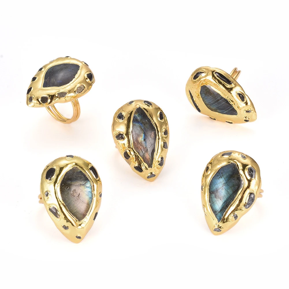 

PandaHall Teardrop Edge Golden Plated Natural Labradorite Finger Ring