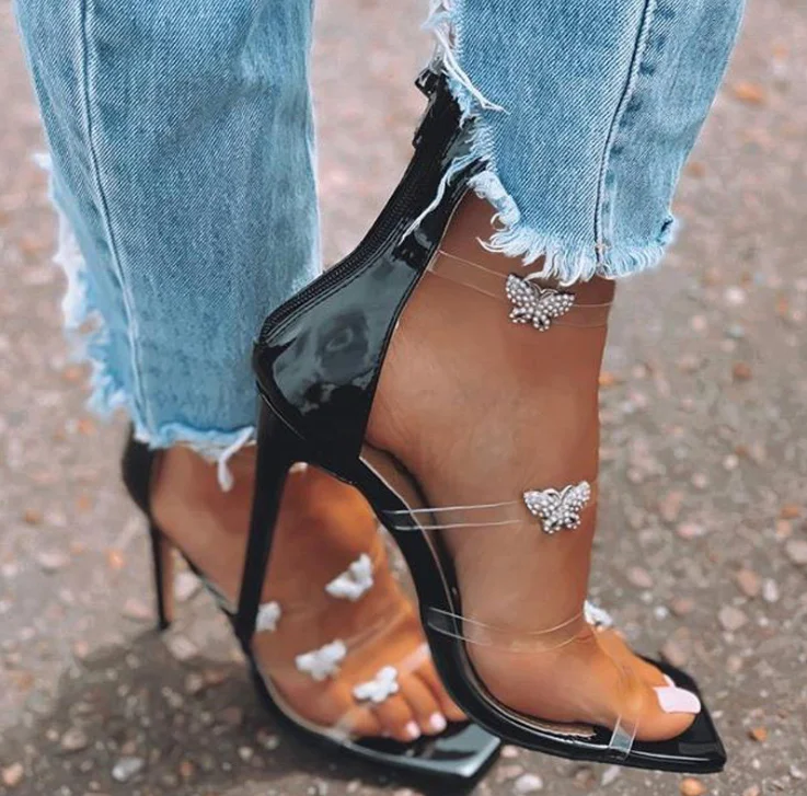 

Women's sandals summer 2021 sexy super high heeled women's shoes Square Head butterfly transparent sandals drop shipping, White, black, apricot