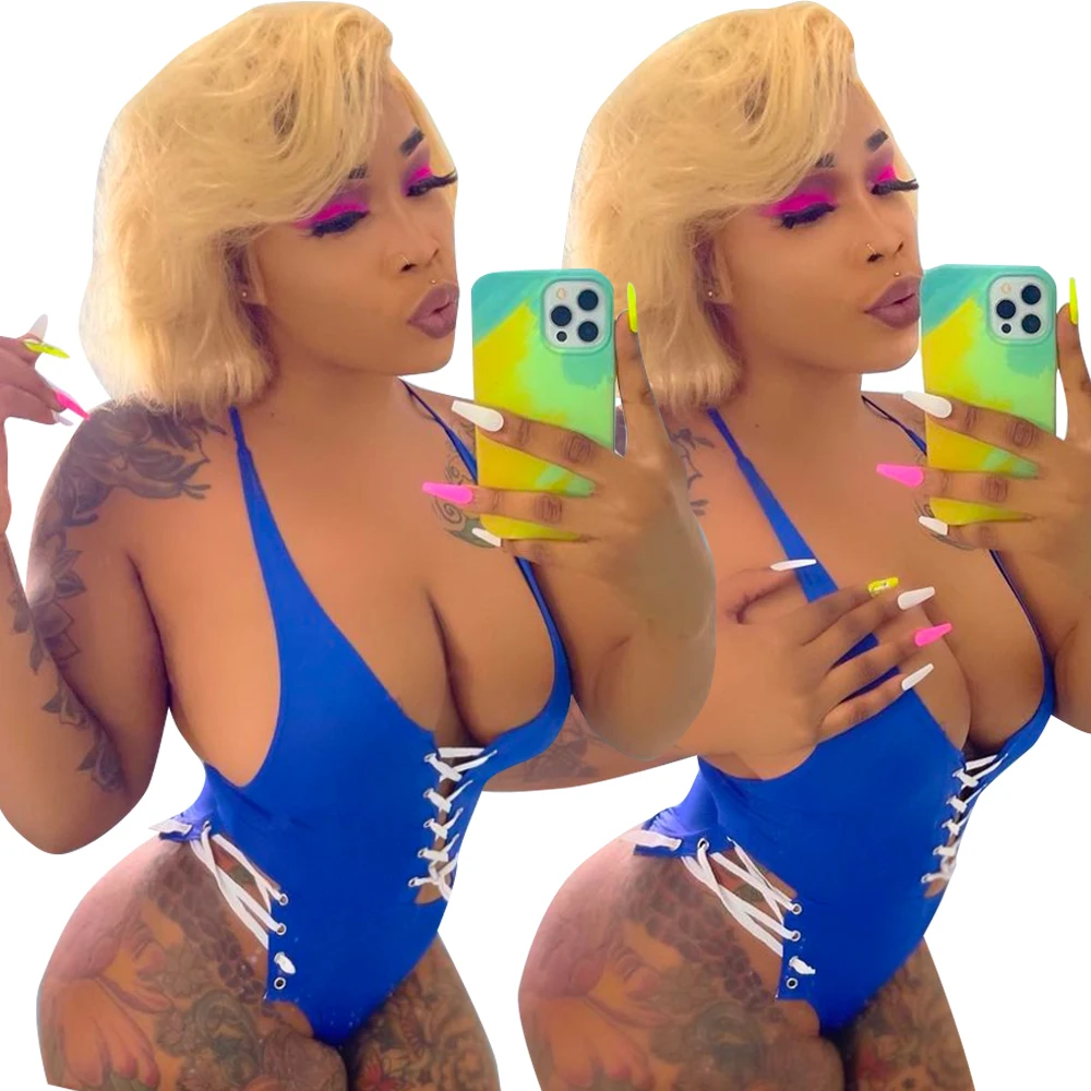 

Women Sexy Fashion Halter Eyelet One Piece Swimsuit Spot Hollow Cut Out String Swimwear One Piece Swim Jumpsuit Luxury Bikini