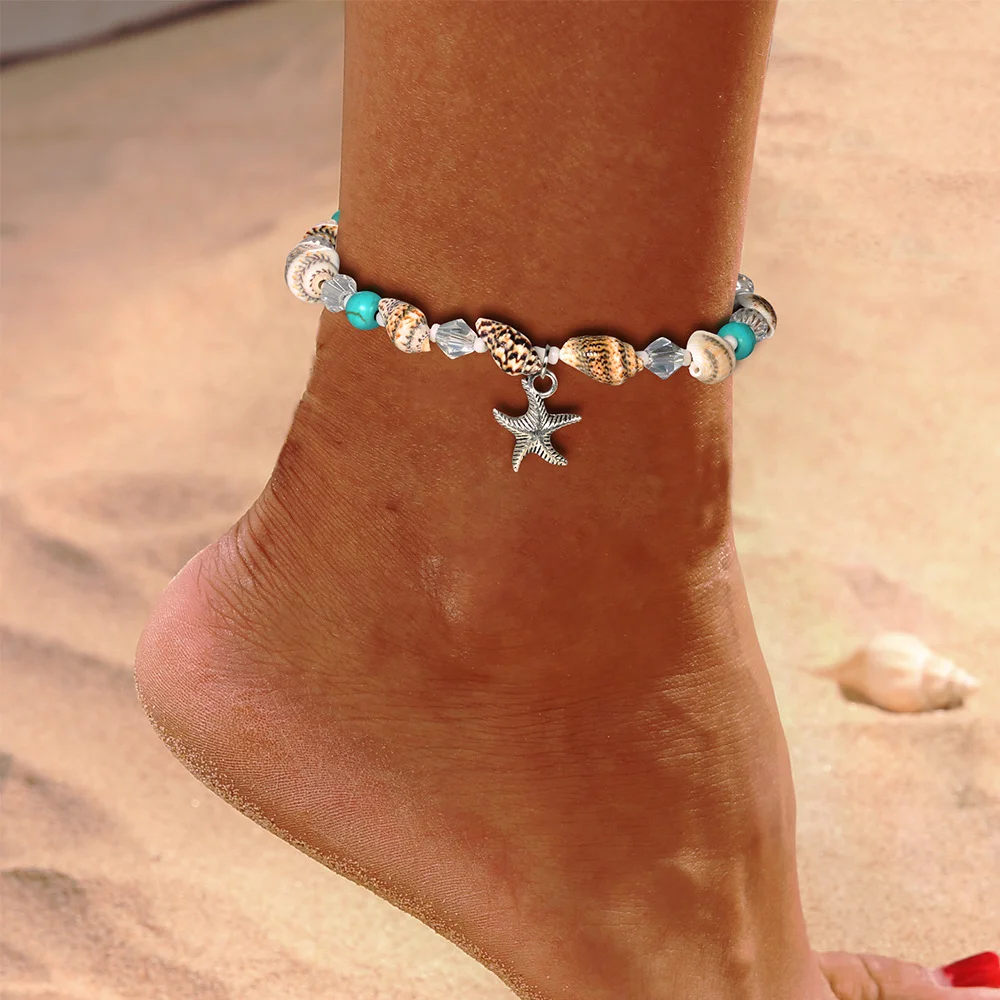 

Vintage Handmade Shell Conch Natural Stone Turquoise Beads Bracelet Women Starfish Charms Anklet Jewelry