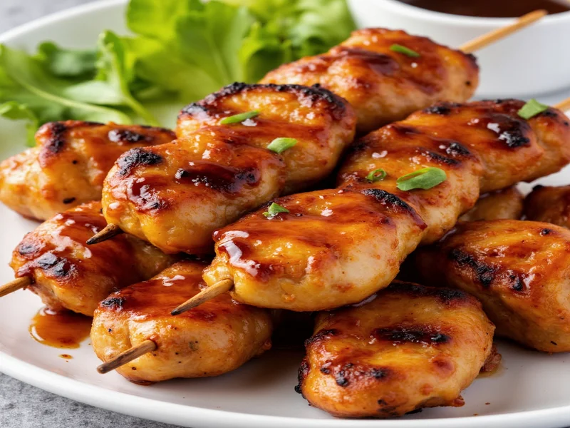 Grilled chicken skewers glazed with homemade teriyaki sauce