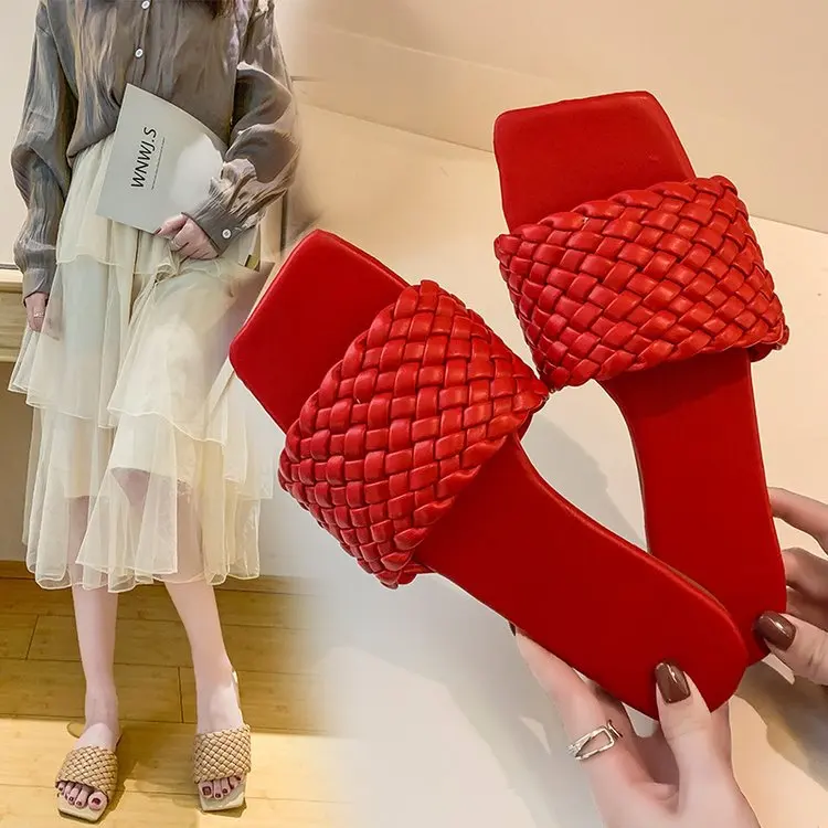 

2020 Designer Fashion Summer Autumn Hand Woven Rubber Female Slippers Leather Square Toe Barefoot Flat Women'S Sandals Outdoor, White, red, black, khaki, off white